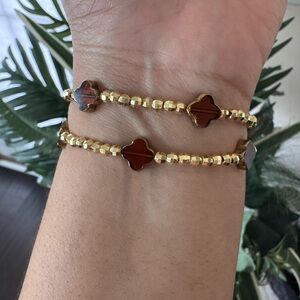 Brown and Gold Beaded Clover Bracelet